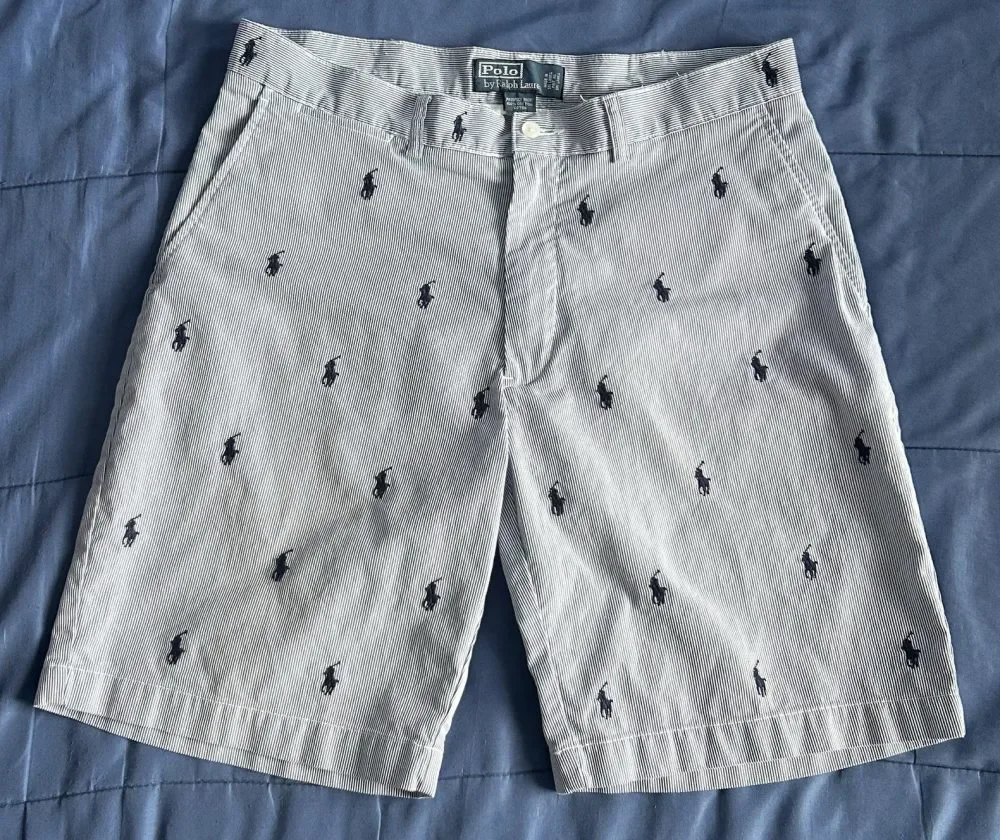 Vintage Polo Ralph Lauren Seersucker Shorts Size 34 Blue White Stripe Pony Print